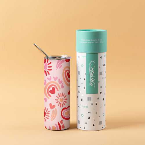 Stainless Steel Designer Water Bottle With Metal Straw ( Love Blossom )