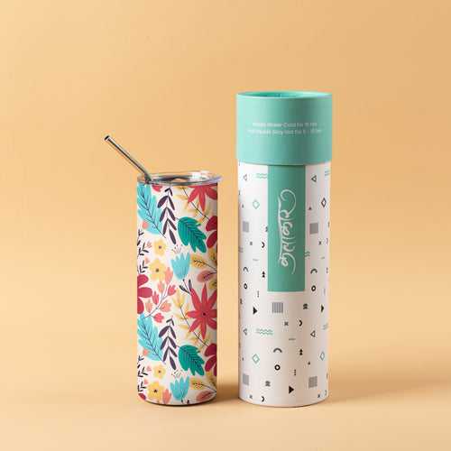 Stainless Steel Designer Water Bottle With Metal Straw ( Floral Pattern )