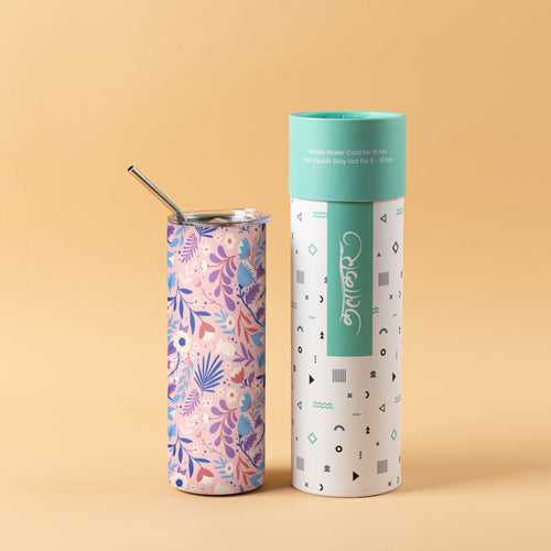 Stainless Steel Designer Water Bottle With Metal Straw ( Purple Floral )