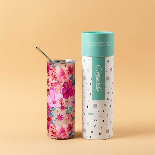 Stainless Steel Designer Water Bottle With Metal Straw ( Watercolor Floral Pattern )