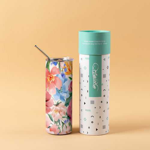 Stainless Steel Designer Water Bottle With Metal Straw ( Tropical Flower )