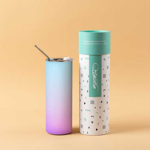 Stainless Steel Designer Water Bottle With Metal Straw ( Blue And Pink Gradient )