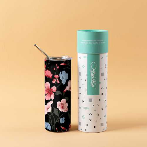 Stainless Steel Designer Water Bottle With Metal Straw ( Black Floral )