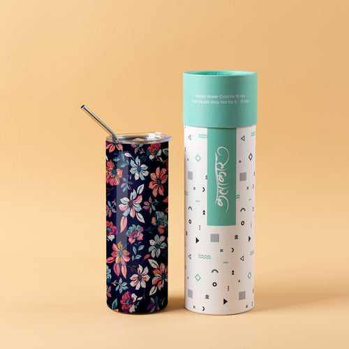 Stainless Steel Designer Water Bottle With Metal Straw ( Blue Tropical Flower )