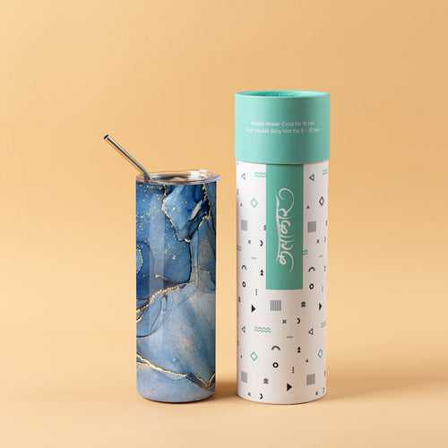 Stainless Steel Designer Water Bottle With Metal Straw ( Blue Marble )