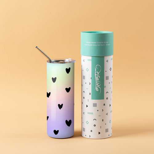 Stainless Steel Designer Water Bottle With Metal Straw ( Holographic Heart Pattern )