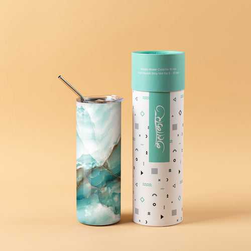 Stainless Steel Designer Water Bottle With Metal Straw ( Green Marble )