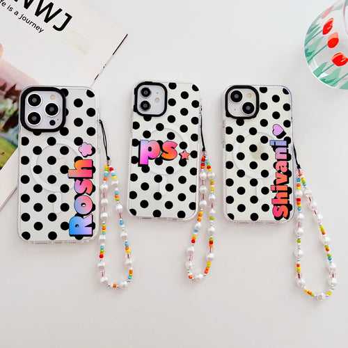 Designer Customised Name Polka Dots Silicon Impact Proof Phone Case With Beaded Charm