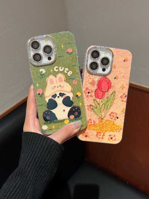 3D Effect Holographic Effect Silicon Case for iPhone With Diamond Camera Protection ( Lily And Panda)