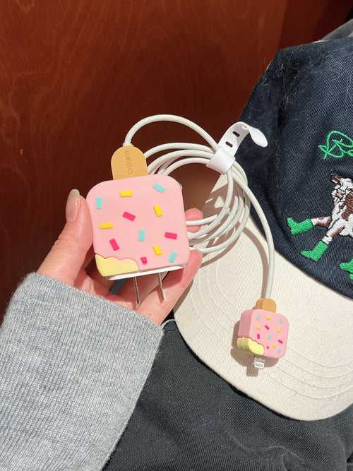 Cute Silicon Pink Ice Cream Designer Charger Case for iPhone Chargers ( Compatiible for Indian Chargers )