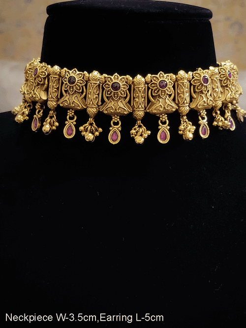 Ruby stone tukdi drop chik set with flower design top