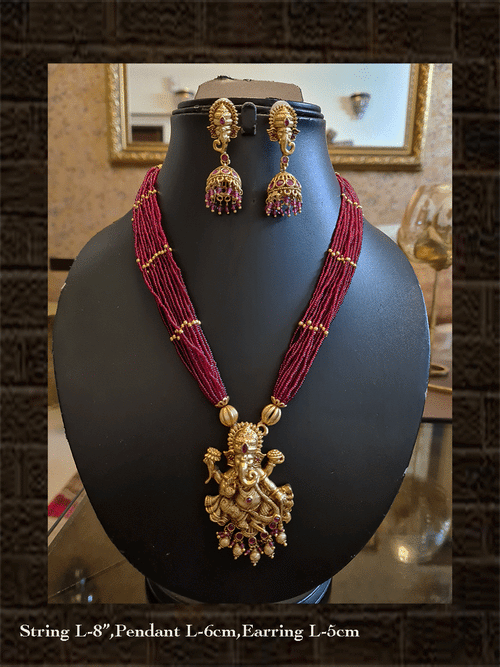 Multiple ruby strings ganpatiji pendant set with ganpatiji top jhoomki