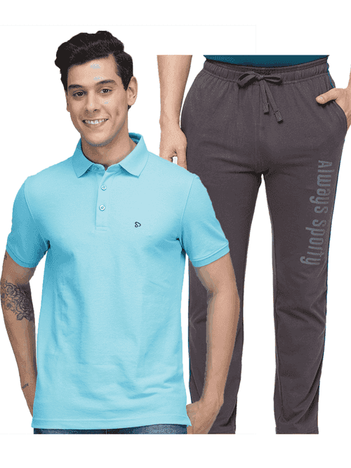 Men's Cotton Rich Solid T-Shirt/ Track Pant Sets-2PC