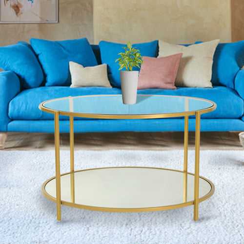 Clayton Round Glass Coffee Table In Gold Finish