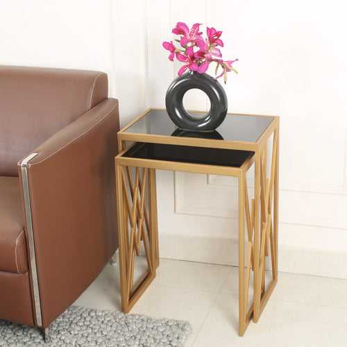 Valentino Black Glass Nesting Side Table in Dark Gold Finish