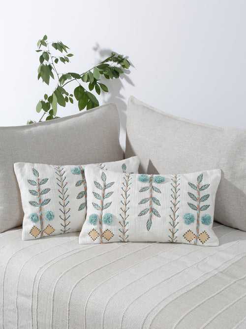 Set of 2 White & Aqua Cotton Embroidered Square Cushion Covers
