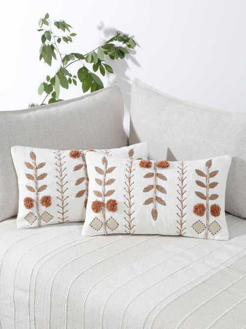 Set of 2 White & Rust Cotton Embroidered Square Cushion Covers