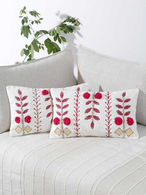 Set of 2 White & Magenta Cotton Embroidered Square Cushion Covers