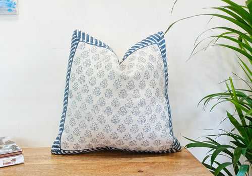 Set of 2 Cyan & Whitish Designer Handblock Print Square Cotton Cushion Covers