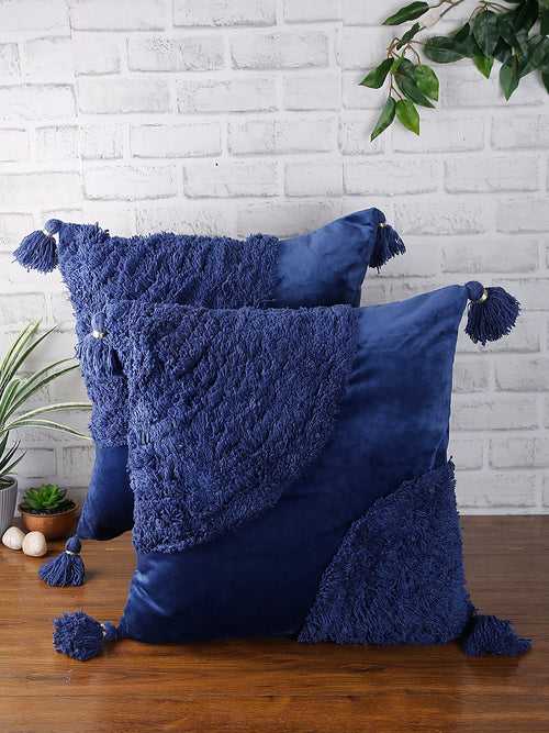 Set of 2 Blue Textured Square Velvet Sustainable Cushion Covers