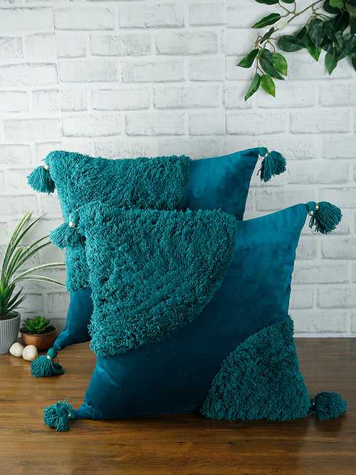 Set of 2 Blue Textured Square Velvet Sustainable Cushion Covers