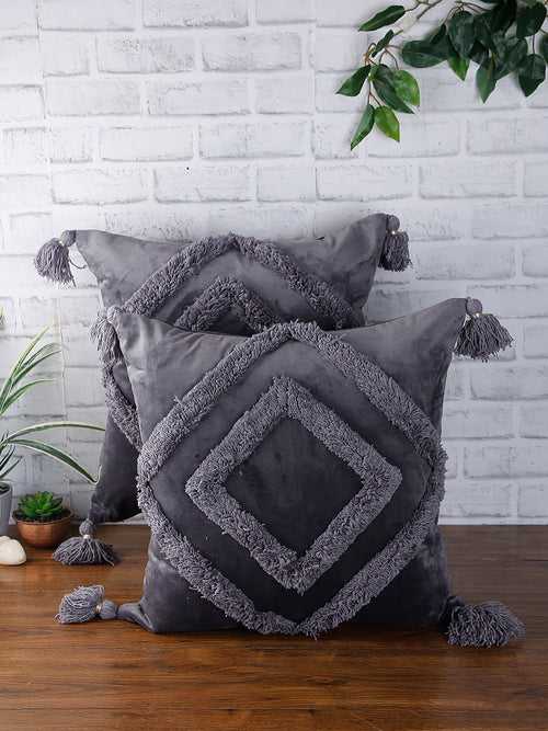 Set of 2 Grey Textured Square Velvet Sustainable Cushion Covers