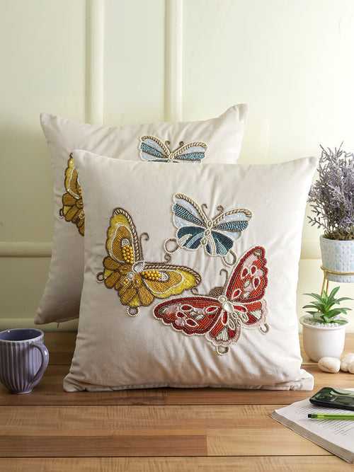 Set Of 2 Ivory Color Embellished Velvet Square Cushion Covers