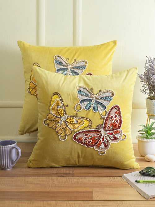 Set Of 2 Yellow Embellished Velvet Square Cushion Covers