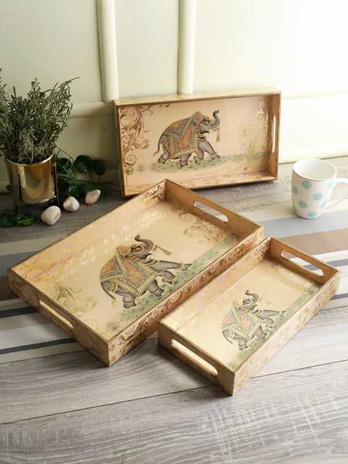 Set of 3 Gold-Coloured Digital Printed Rectangle Serving Tray