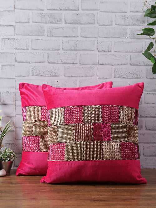 Fuchsia & Gold-Toned Set of 2 Embroidered Velvet Square Cushion Covers