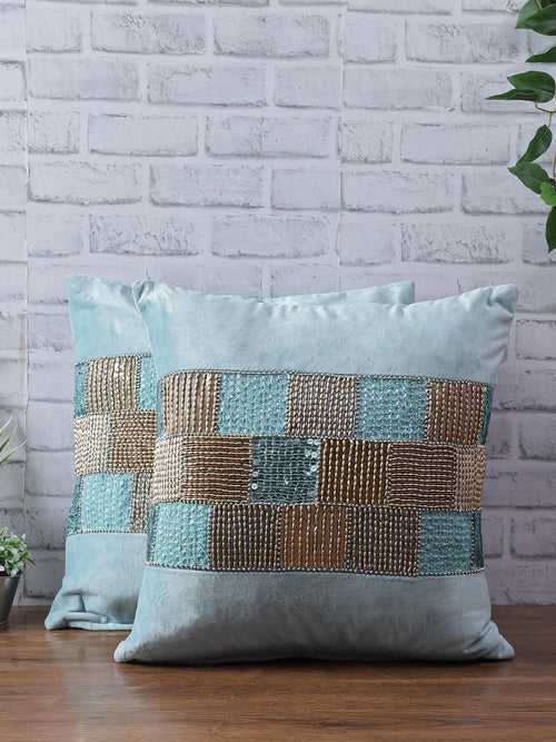 Set Of 2 Turquoise Blue & Gold-Toned Embellished Velvet Square Cushion Covers