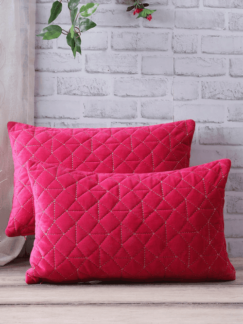 Set Of 2 Pink Velvet Quilted Rectangle Cushion Covers