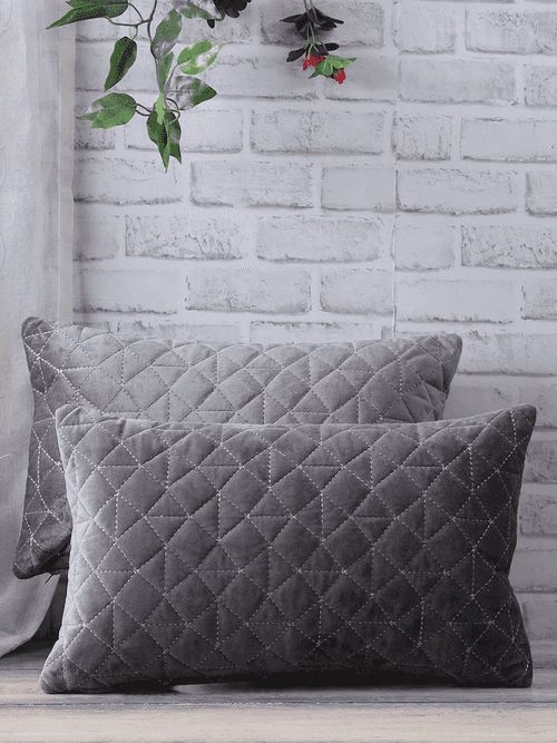 Set Of 2 Grey Velvet Quilted Rectangle Cushion Covers