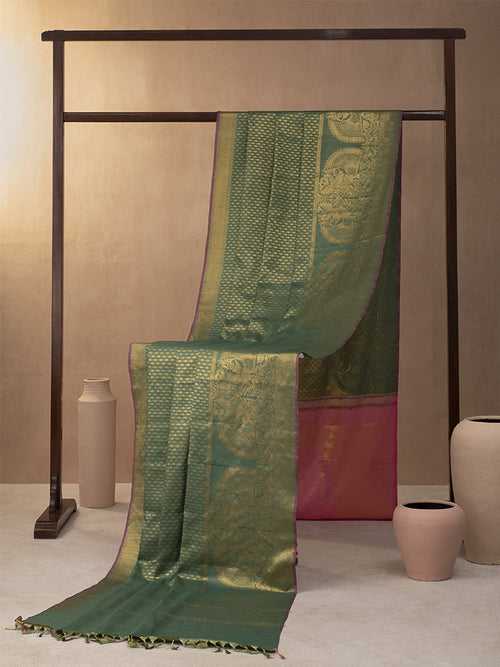 Mazy Peacock With Concealed Creeper Woven In Sage Green Pure Kanchipuram Silk Saree with Gold Zari