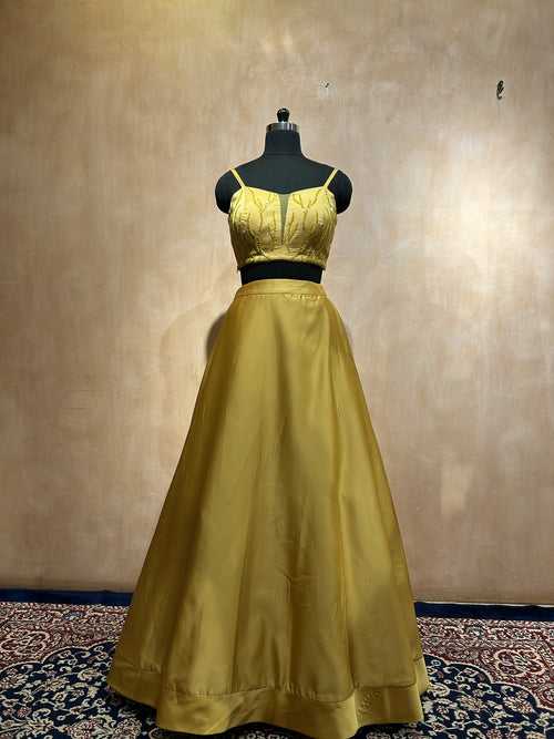 Mild Yellow Satin Skirt & Crop Top