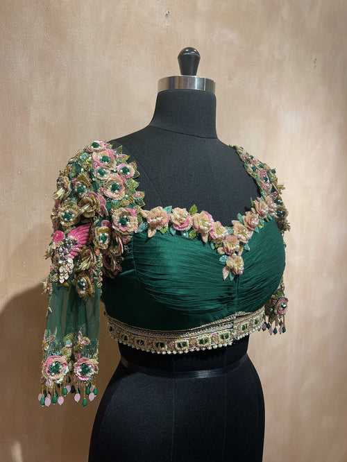 Pleated 3D floral embossed blouse