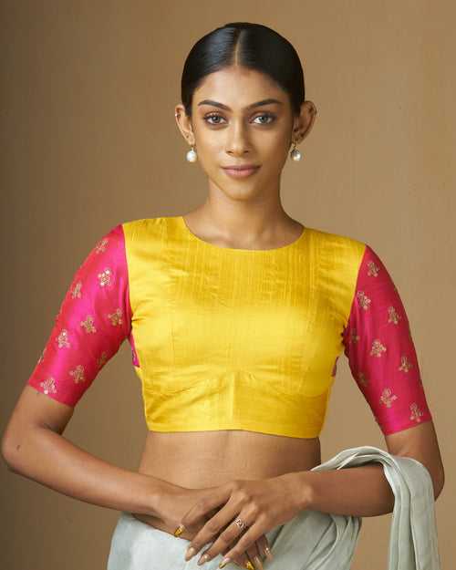 Yellow Raw Silk Blouse With Pink Sleeves