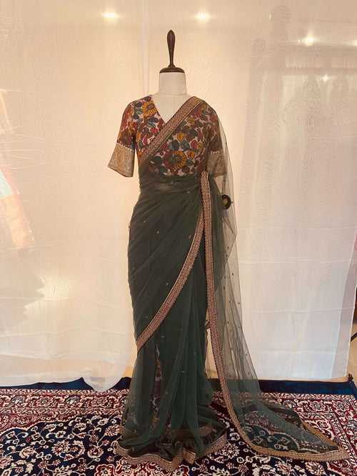 Green Tulle Saree with Embroidered Border