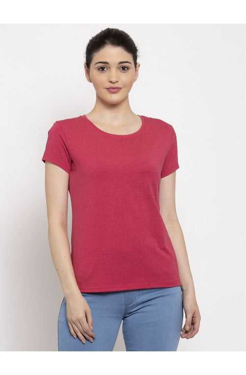 Women Melange Pink Solid slim fit round neck T-shirt