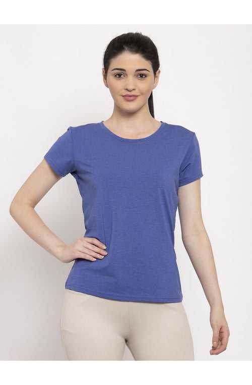Women Melange Blue Solid slim fit round neck T-shirt