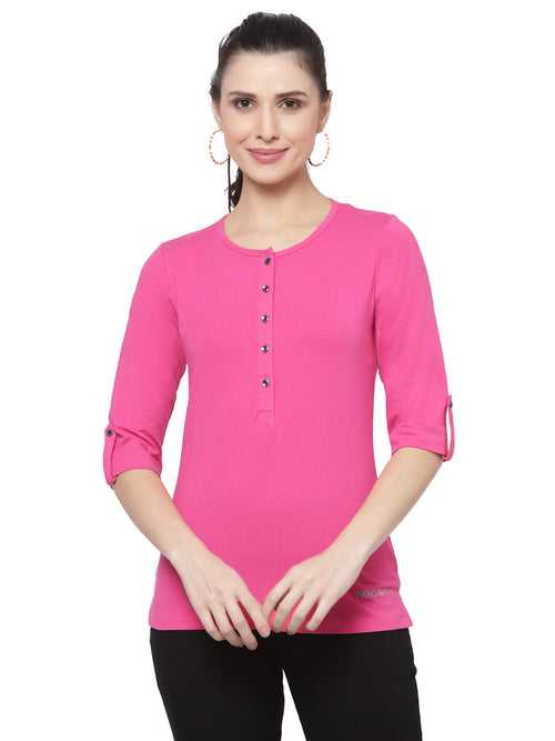 Women Dark Pink Henley Neck Roll-Up Sleeves Antimicrobial T-shirt