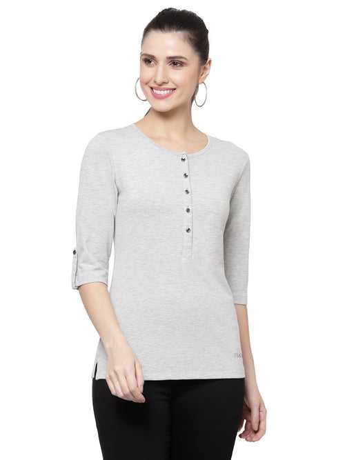 Women Melange Grey Henley Neck Roll-Up Sleeves Antimicrobial T-shirt
