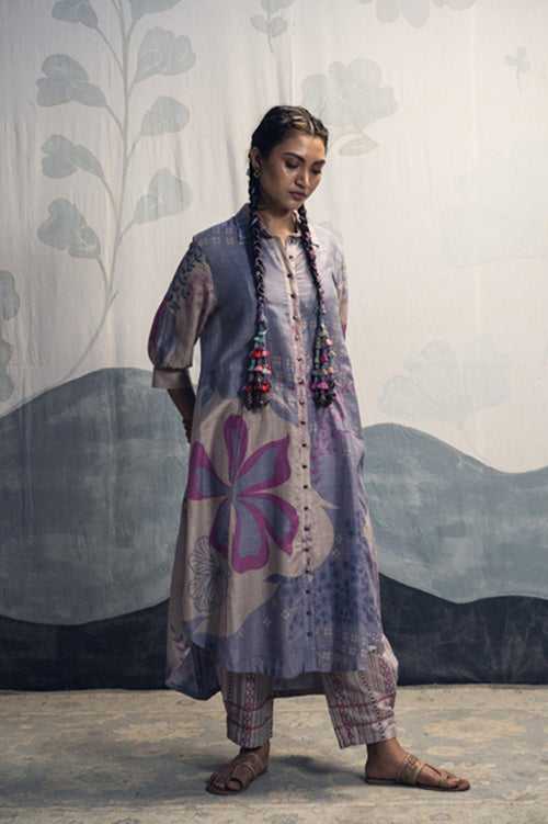 Mauve and blue hand woven, hand printed silk cotton Malena long length shirt Cord Set
