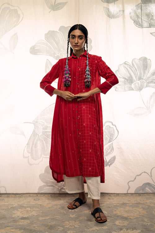 Red hand woven khadi cotton jamdani Jade long shirt.