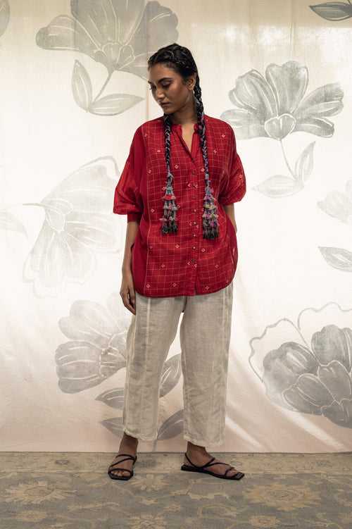 Red hand woven khadi cotton jamdani Carmen antifit kimono shirt.