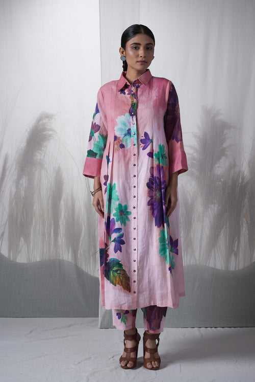 Pink floral printed, Liana hand woven linen  kurta, paired with pants, sustainable cord set.