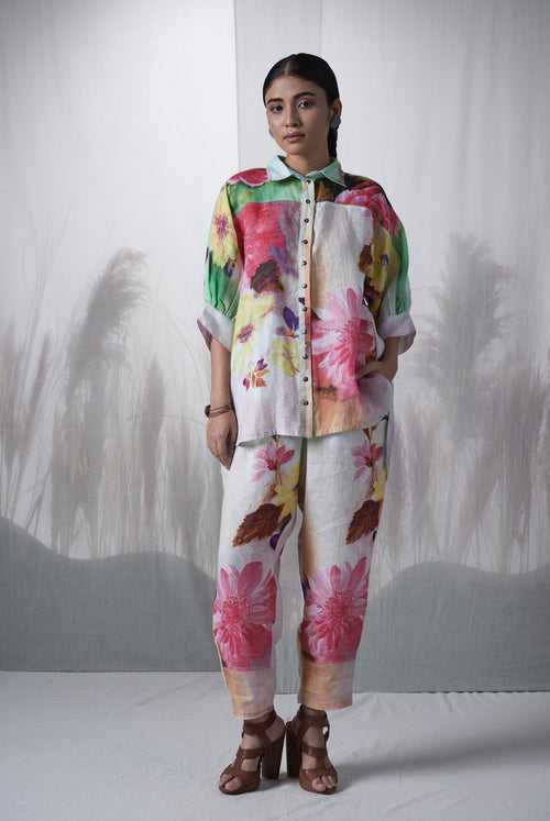 Green floral printed, hand woven linen Ramon kimono shirt paired with pants, Sustainable Cord set