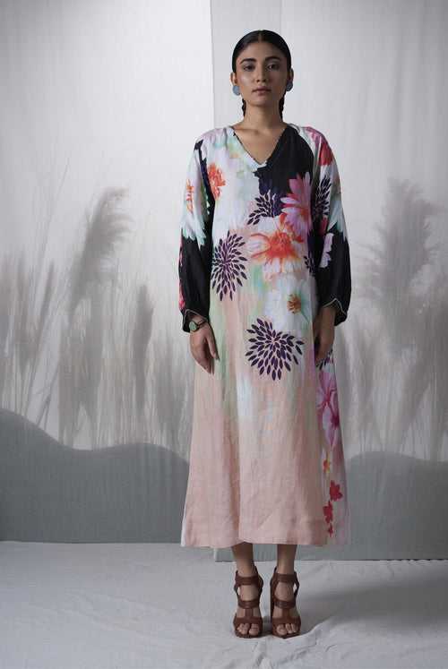 Charcoal floral printed, Ebony hand woven linen V-neck A-line Linen sustainable dress.