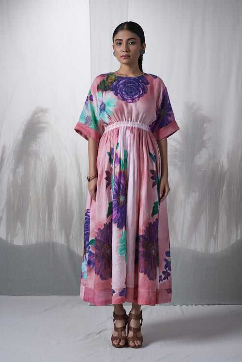 Pink floral printed, Vine hand woven linen drop shoulder sustainable dress with elastic waist..