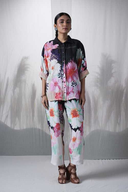 Charcoal floral printed, Rosewood hand woven linen kimono shirt paired with pants, Sustainable Cord set